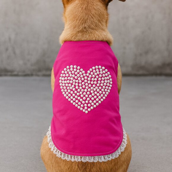 Fe.Ly Other - Luxury Pink Pearl Heart Dog Dress Dog Outfit with Lace Trim Cute Pet Clothe M